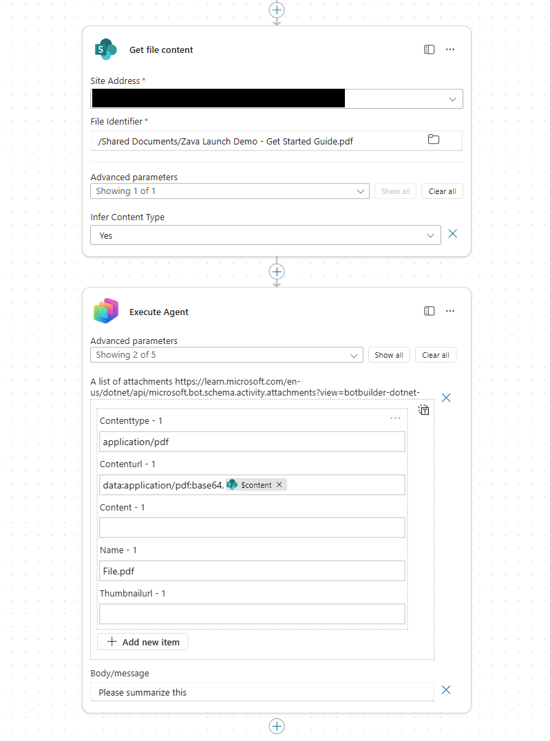 SharePoint Get file content action followed by an Execute Agent action with the attachments array expanded, showing Contenttype application/pdf and a base64 data URL Contenturl