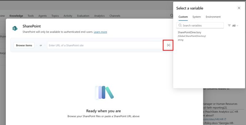 The SharePoint knowledge source dialog in Copilot Studio showing the {x} variable picker with a custom Global.SharePointDirectory variable.