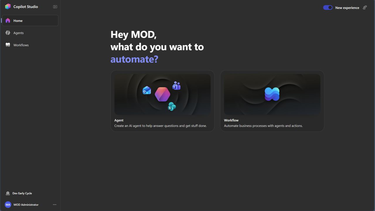 Copilot Studio home page with the New experience toggle in the top-right corner and cards for creating an Agent or a Workflow