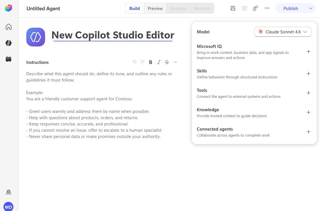 The new Copilot Studio agent editor showing instructions with rich formatting and a right-hand pane for model, skills, tools, knowledge, and connected agents